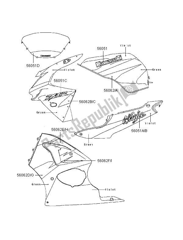 Ordinare decalcomanie (verde-viola) parti di ricambio per Kawasaki